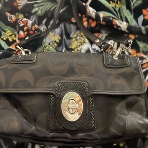 Black Shoulder Bag with Logo Pattern and Gold Hardware